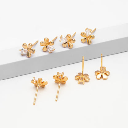 10pcs CZ Pave Gold Flower Earrings, Gold Plated Brass, Dainty Flower Stud Earrings (GB-4261)