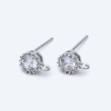 10pcs CZ Pave Gold/ Silver Ear Posts 5mm with Loops, 18K Gold/ Rhodium Plated Brass Stud Earrings (#GB-803)
