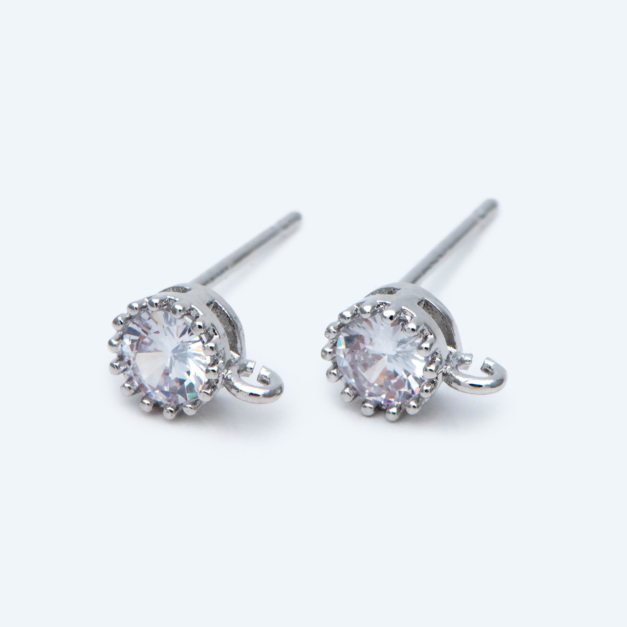 10pcs CZ Pave Gold/ Silver Ear Posts 5mm with Loops, 18K Gold/ Rhodium Plated Brass Stud Earrings (#GB-803)