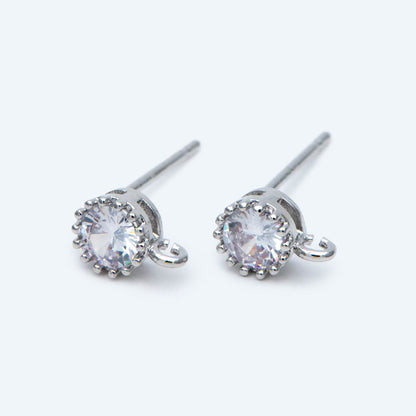 10pcs CZ Pave Gold/ Silver Ear Posts 5mm with Loops, 18K Gold/ Rhodium Plated Brass Stud Earrings (#GB-803)
