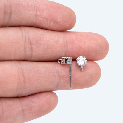 10pcs CZ Pave Gold/ Silver Ear Posts 5mm with Loops, 18K Gold/ Rhodium Plated Brass Stud Earrings (#GB-803)