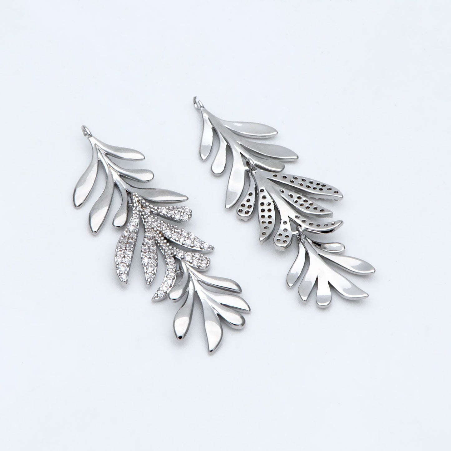 4pcs Gold/ Silver Tone CZ pave Dainty Leaf Charms, Leaf Pendants 44x14mm, Earring Charm, Necklace Pendant (GB-978-F)