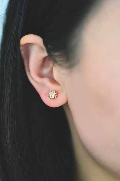 10pcs CZ Pave Gold Spider Earrings 7x8mm, Gold Plated Brass Araneid Stud Earrings (GB-4110-B)