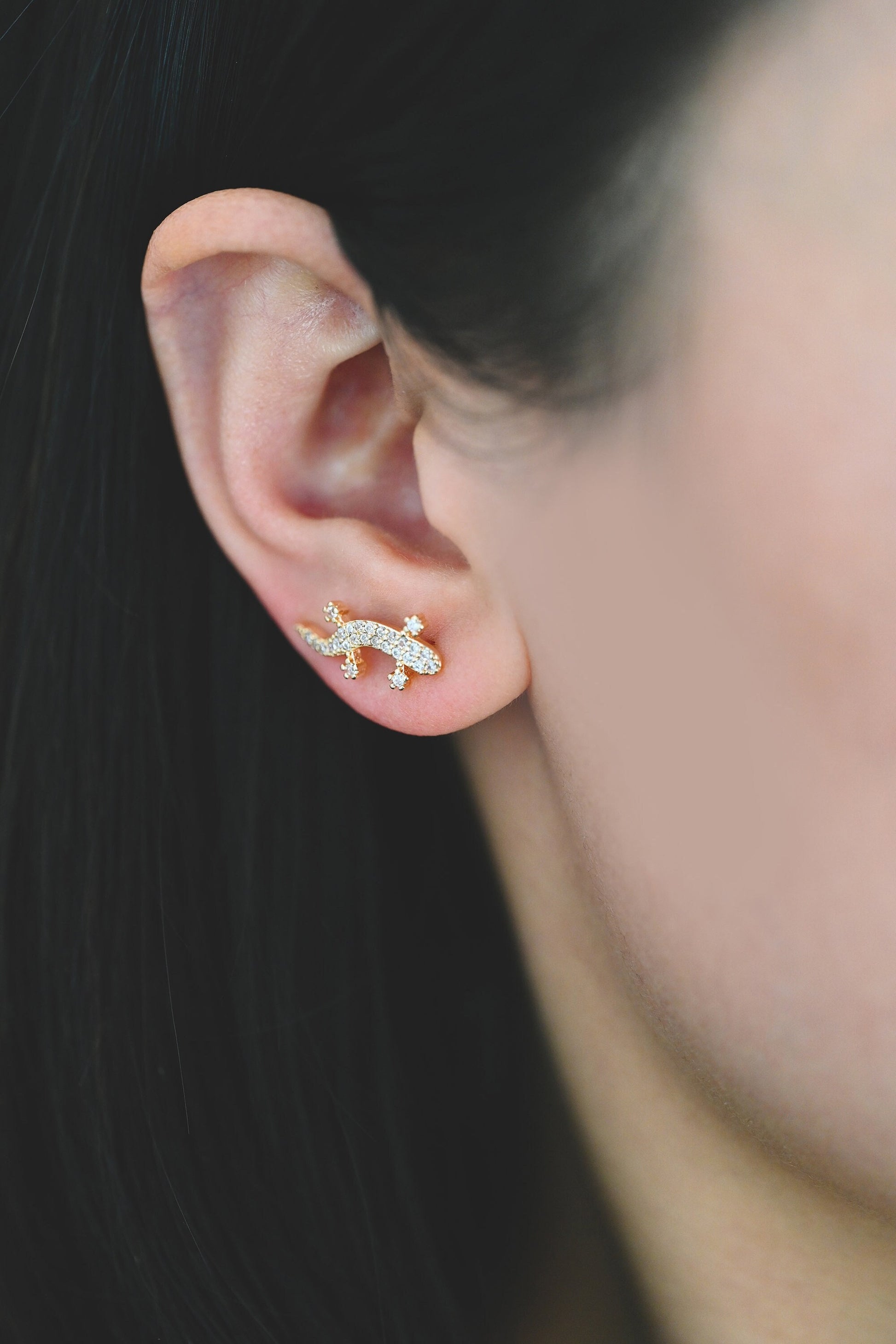 4pcs CZ Pave Gold Gecko Climber Earrings, 18K Gold plated Brass, Lizard Crawler Earrings (GB-4131)