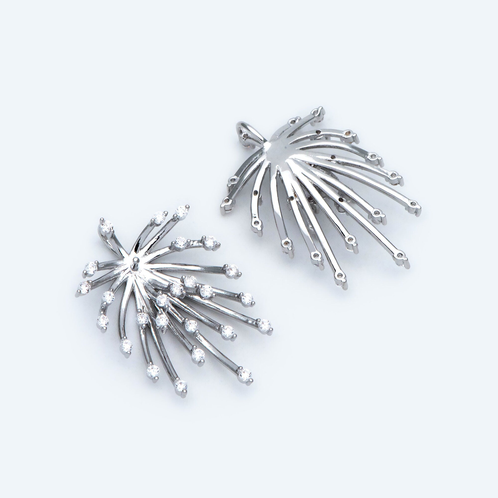 4pcs CZ Pave Gold/ Silver tone Fireworks Charm 27x14mm, DIY Pendant Drop Bail, Peg Pearl Findings, Pearl Setting (GB-1424)