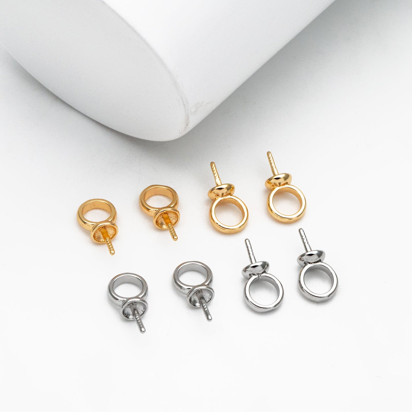 10pcs Gold/ Silver Peg Bail For Half Drilled Pearls Or Stones, Gold/ Rhodium plated Brass, Pearl Drop 4mm Cup (GB-4272)