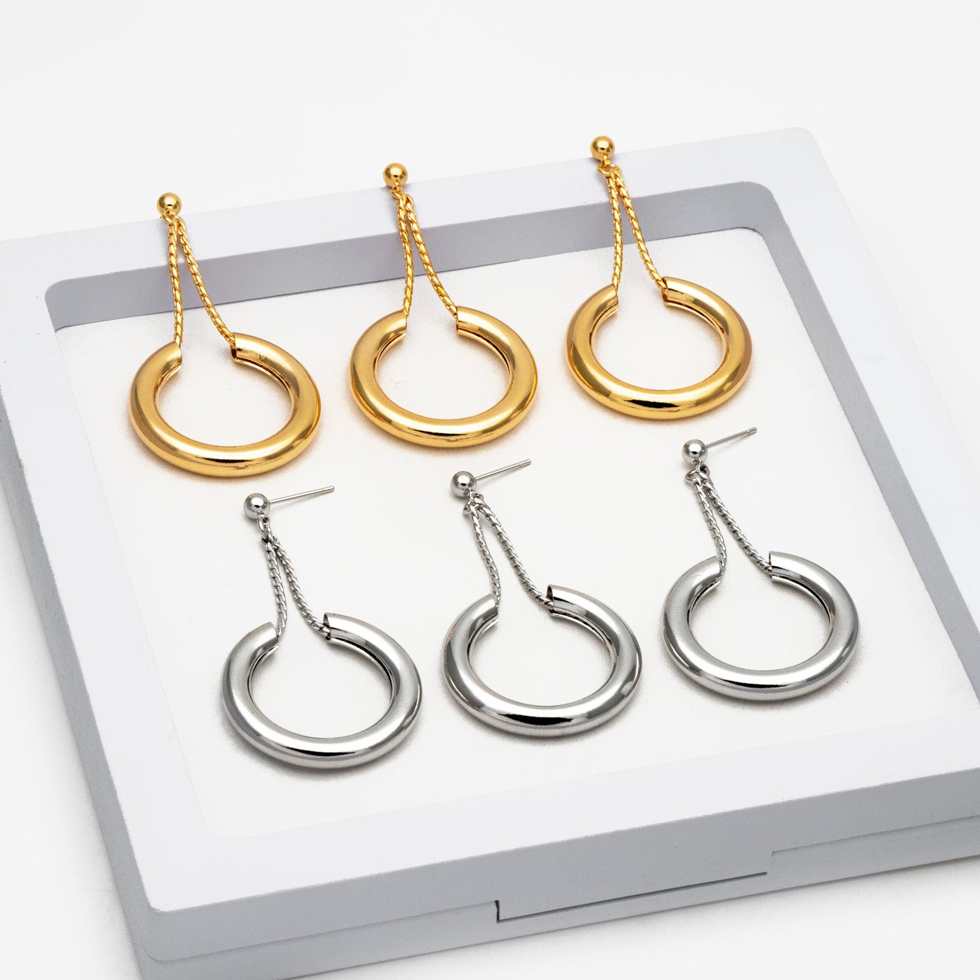 4pcs Gold/ Silver tone Circle Chain Earrings, Gold/ Rhodium Plated Brass Drop Earrings, Dangle Earring (GB-4293)