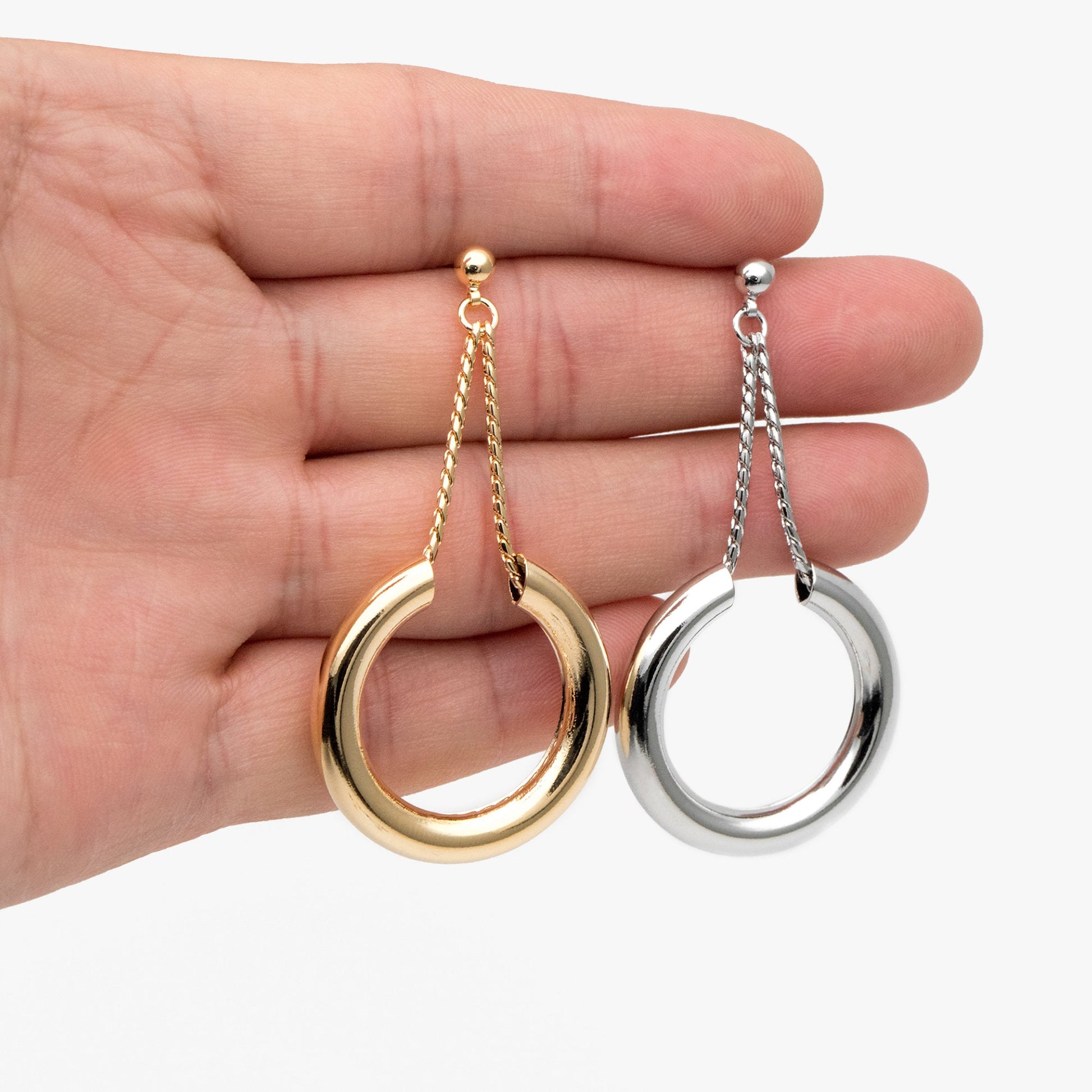 4pcs Gold/ Silver tone Circle Chain Earrings, Gold/ Rhodium Plated Brass Drop Earrings, Dangle Earring (GB-4293)