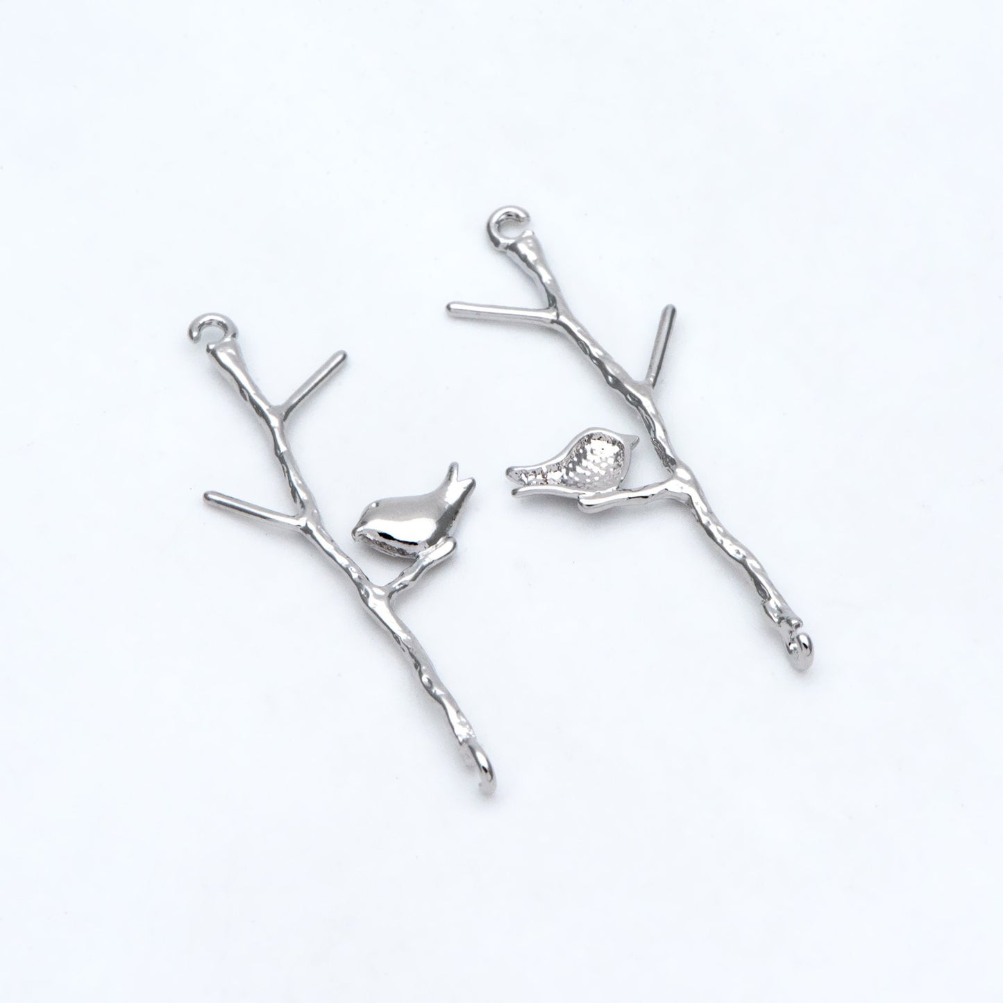 10pcs Gold/ Silver Tone Bird on Tree Pendants 33x12mm, Gold/ Rhodium plated Brass Branch Connectors, Leaf Charms with Two Loops (GB-3622-C)