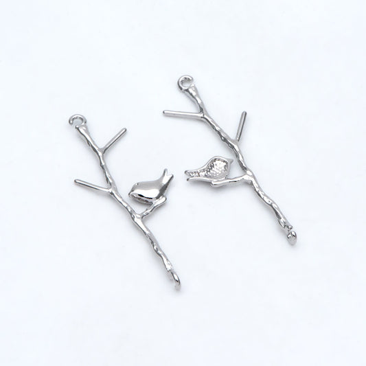 10pcs Gold/ Silver Tone Bird on Tree Pendants 33x12mm, Gold/ Rhodium plated Brass Branch Connectors, Leaf Charms with Two Loops (GB-3622-C)