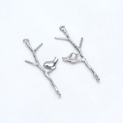 10pcs Gold/ Silver Tone Bird on Tree Pendants 33x12mm, Gold/ Rhodium plated Brass Branch Connectors, Leaf Charms with Two Loops (GB-3622-C)