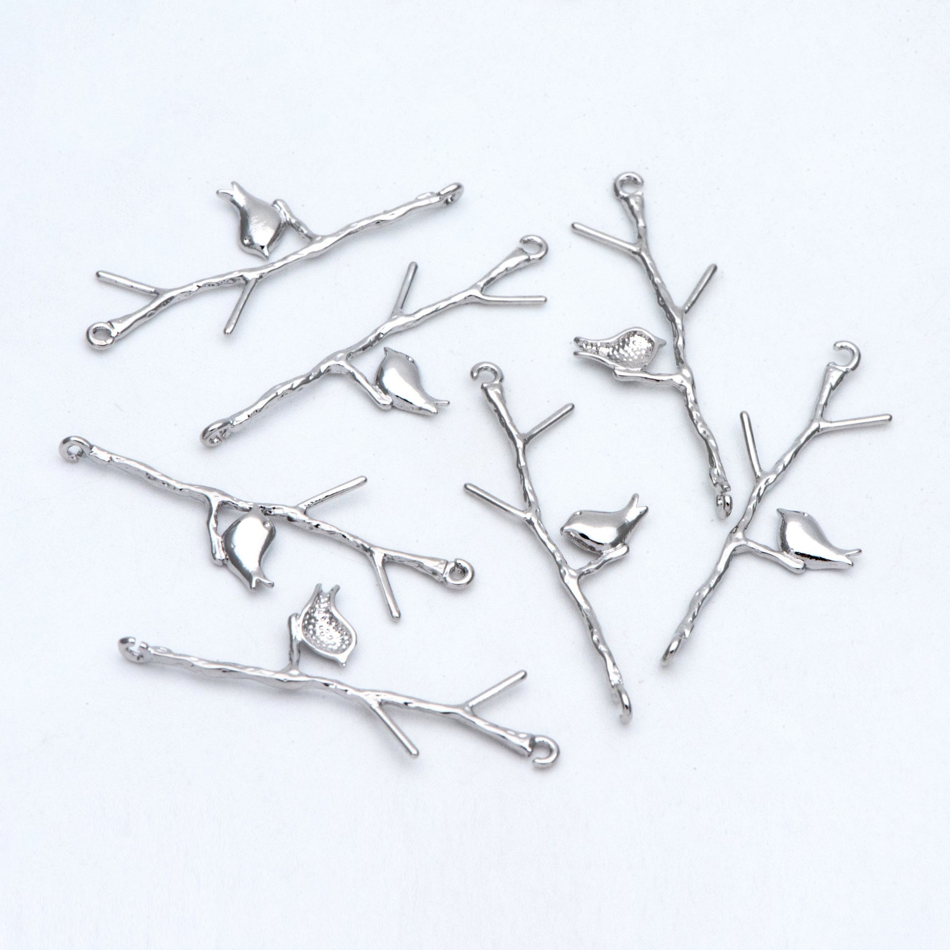 10pcs Gold/ Silver Tone Bird on Tree Pendants 33x12mm, Gold/ Rhodium plated Brass Branch Connectors, Leaf Charms with Two Loops (GB-3622-C)