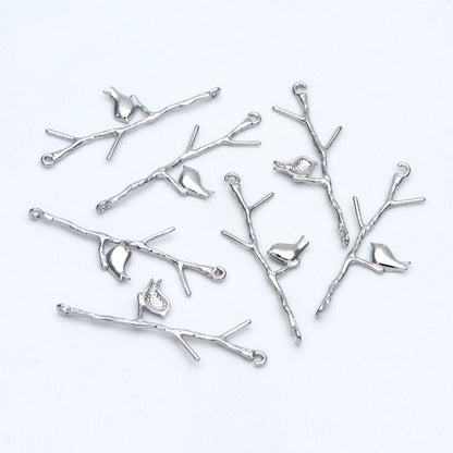 10pcs Gold/ Silver Tone Bird on Tree Pendants 33x12mm, Gold/ Rhodium plated Brass Branch Connectors, Leaf Charms with Two Loops (GB-3622-C)