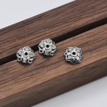 10pcs Gold/ Silver tone Floral Bead Caps 6/ 7/ 8/ 10mm, 18K Real Gold/ Rhodium plated Brass, CZ pave Flower Cap Ends (GB-090)