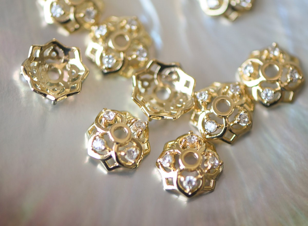 10pcs Gold/ Silver tone Floral Bead Caps 6/ 7/ 8/ 10mm, 18K Real Gold/ Rhodium plated Brass, CZ pave Flower Cap Ends (GB-090)