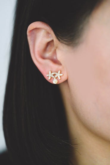 4pcs Gold CZ Pave Flower Earring, Star Earring, Pearl Peg Earring Mounts,Half Drilled Pearl Post Earring Settings (#GB-4276)