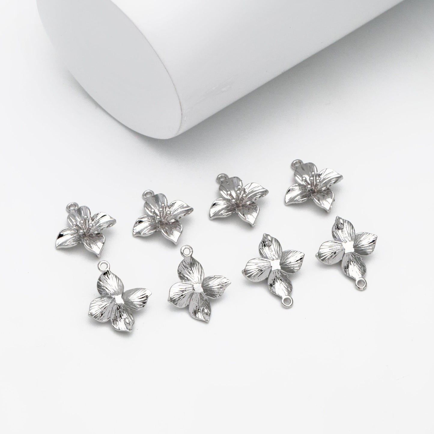 10pcs Gold/ Silver Tone Flower Charms with 2 Loops, 18K Gold/ Rhodium plated Brass, Floral Connectors 10/ 12/ 15mm (GB-1987)