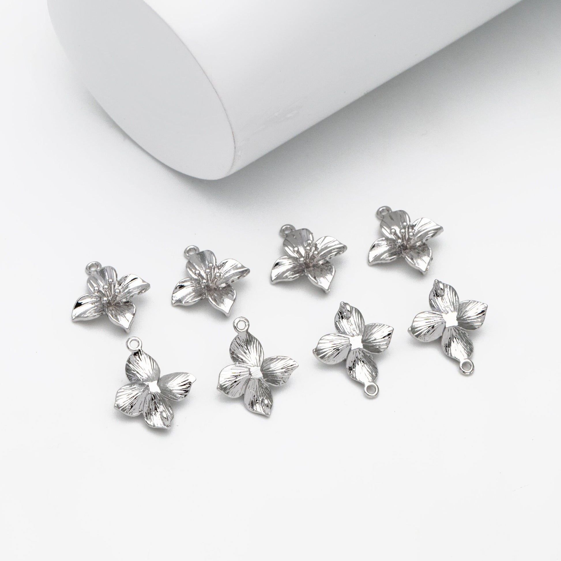 10pcs Gold/ Silver Tone Flower Charms with 2 Loops, 18K Gold/ Rhodium plated Brass, Floral Connectors 10/ 12/ 15mm (GB-1987)