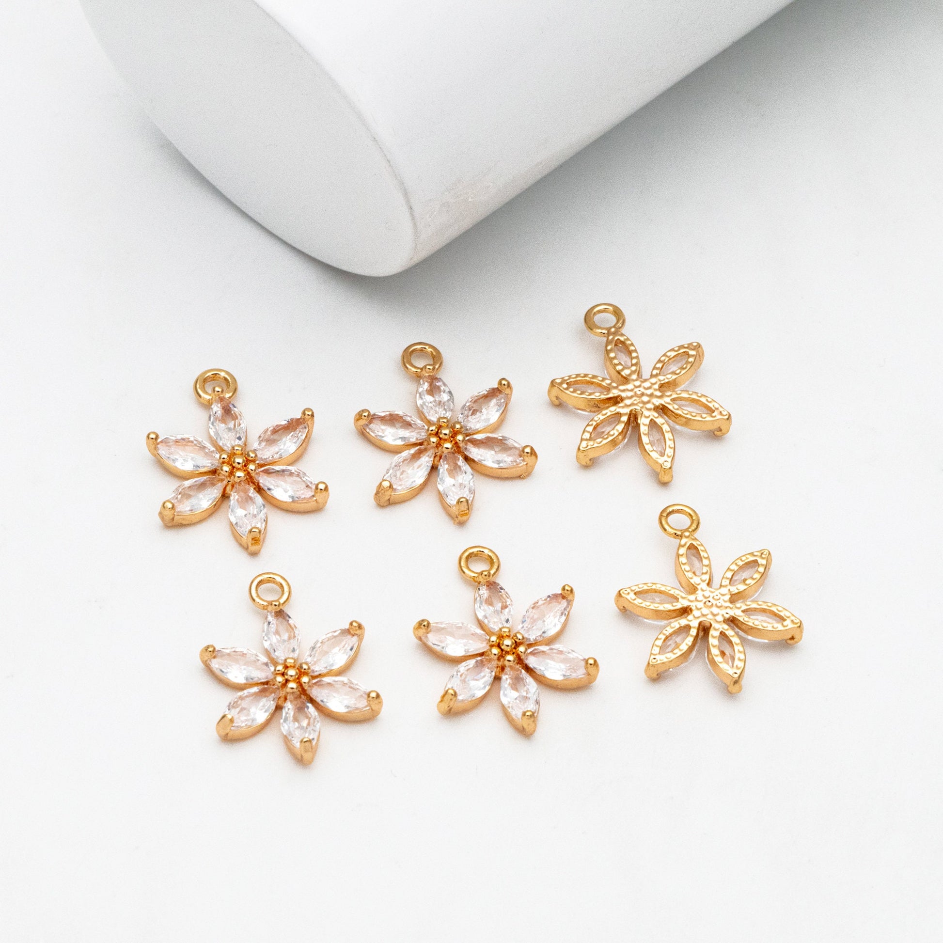 4pcs Gold Zircon Flower Charm Pendants 19x15mm, Real Gold plated Brass, Lead Nickel Free (GB-584-C)