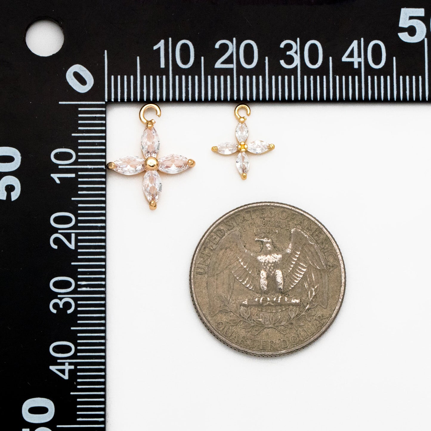 4pcs Gold CZ Flower Charm Pendants 10/ 14mm, Real Gold/ Rhodium plated Brass, Lead Nickel Free (GB-584-F)