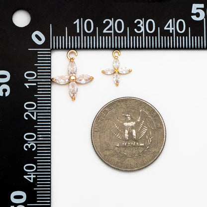 4pcs Gold CZ Flower Charm Pendants 10/ 14mm, Real Gold/ Rhodium plated Brass, Lead Nickel Free (GB-584-F)