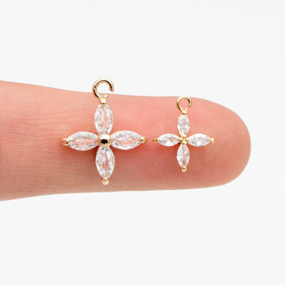 4pcs Gold CZ Flower Charm Pendants 10/ 14mm, Real Gold/ Rhodium plated Brass, Lead Nickel Free (GB-584-F)