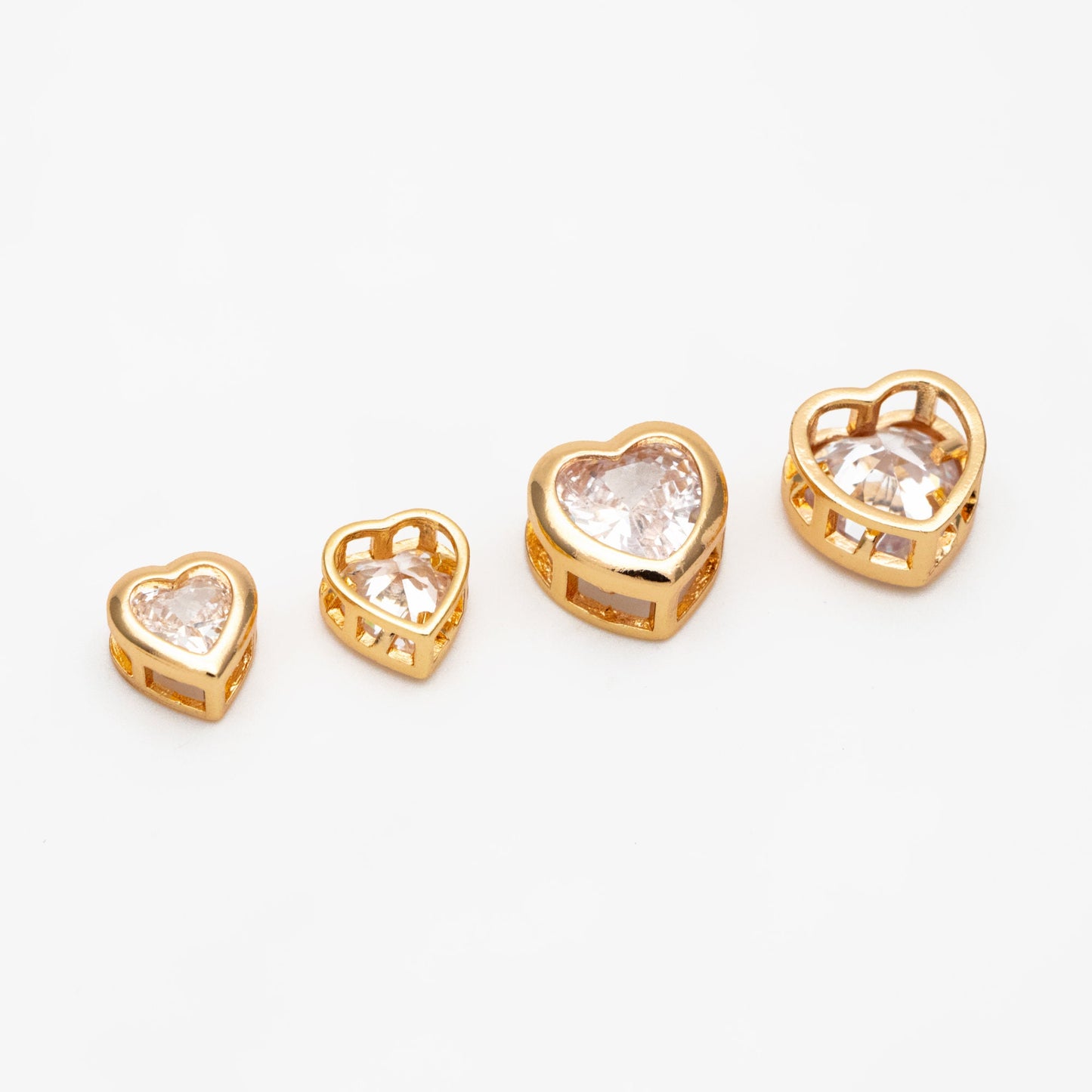 10pcs CZ Pave Heart Beads 7/ 9mm, Real Gold plated Brass Heart Connectors (GB-163)