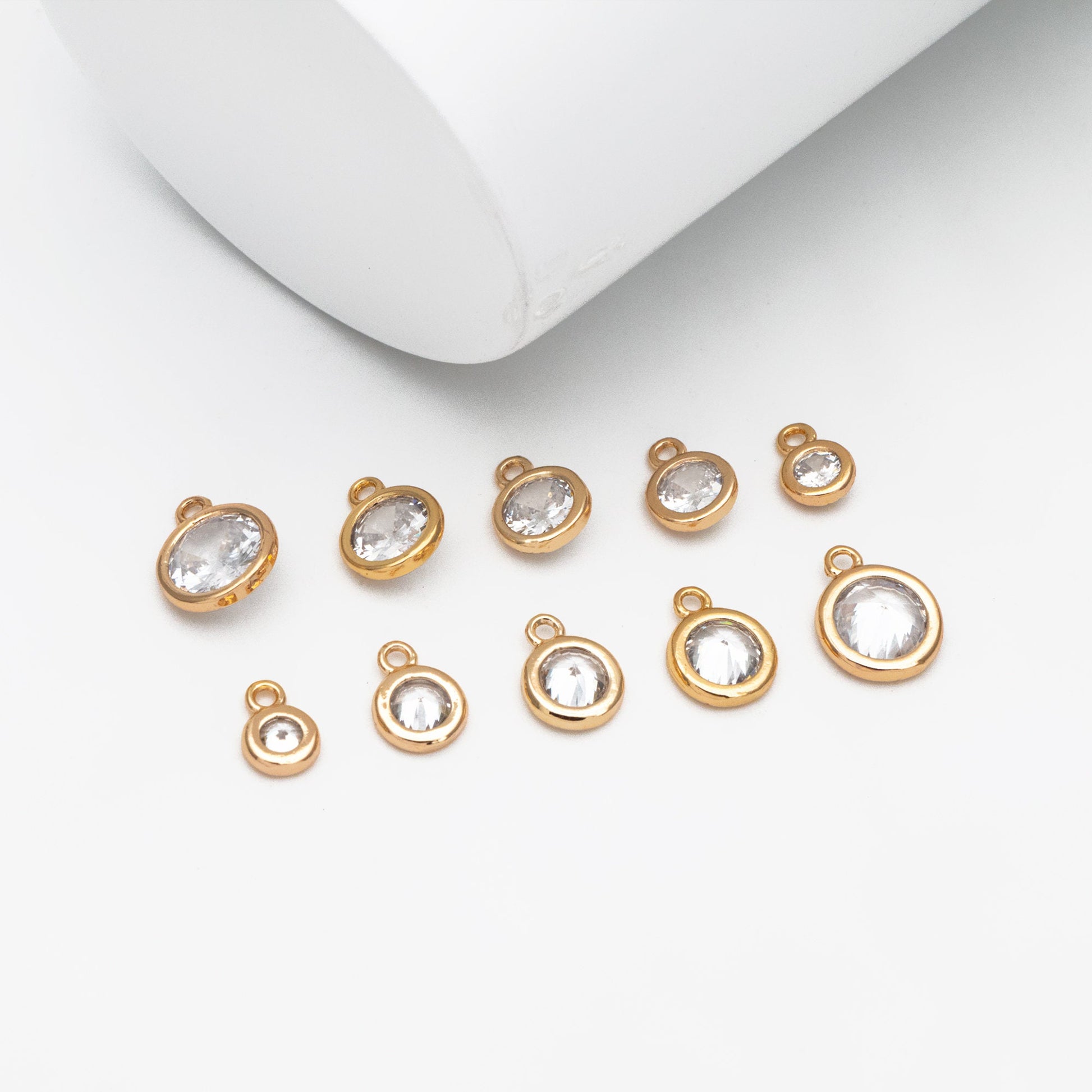10pcs Gold Bezel Gemstone Charms 4.5/ 5.5/ 6/ 7.5mm, Real Gold plated Brass, Clear CZ Round Charms (GB-167)