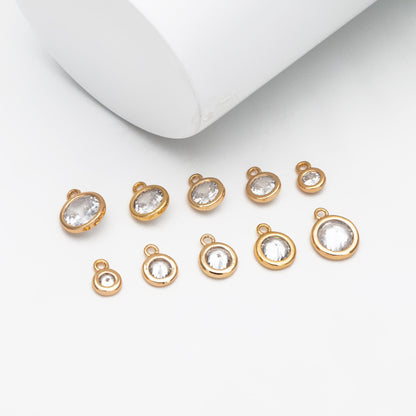 10pcs Gold Bezel Gemstone Charms 4.5/ 5.5/ 6/ 7.5mm, Real Gold plated Brass, Clear CZ Round Charms (GB-167)