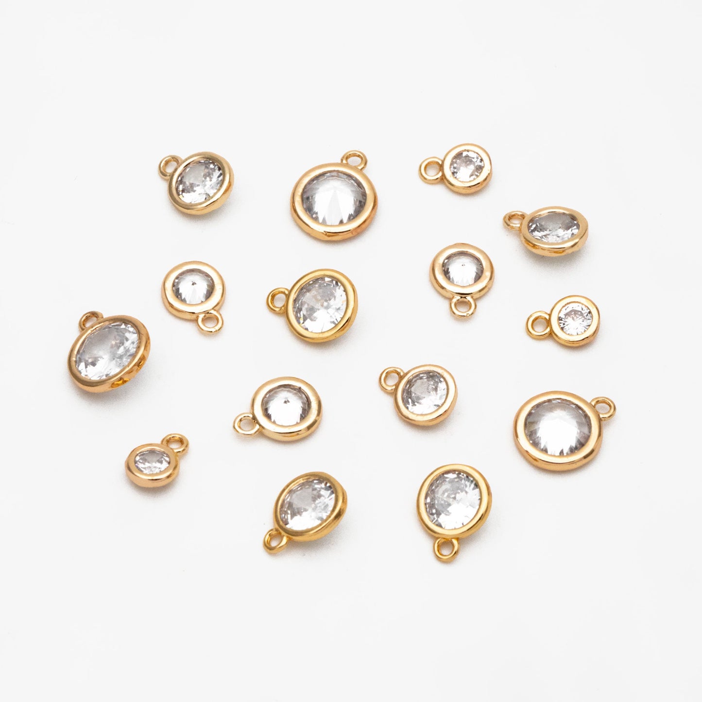 10pcs Gold Bezel Gemstone Charms 4.5/ 5.5/ 6/ 7.5mm, Real Gold plated Brass, Clear CZ Round Charms (GB-167)