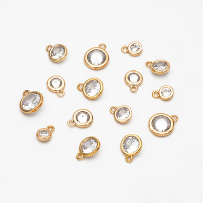 10pcs Gold Bezel Gemstone Charms 4.5/ 5.5/ 6/ 7.5mm, Real Gold plated Brass, Clear CZ Round Charms (GB-167)