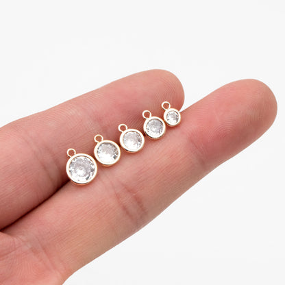 10pcs Gold Bezel Gemstone Charms 4.5/ 5.5/ 6/ 7.5mm, Real Gold plated Brass, Clear CZ Round Charms (GB-167)