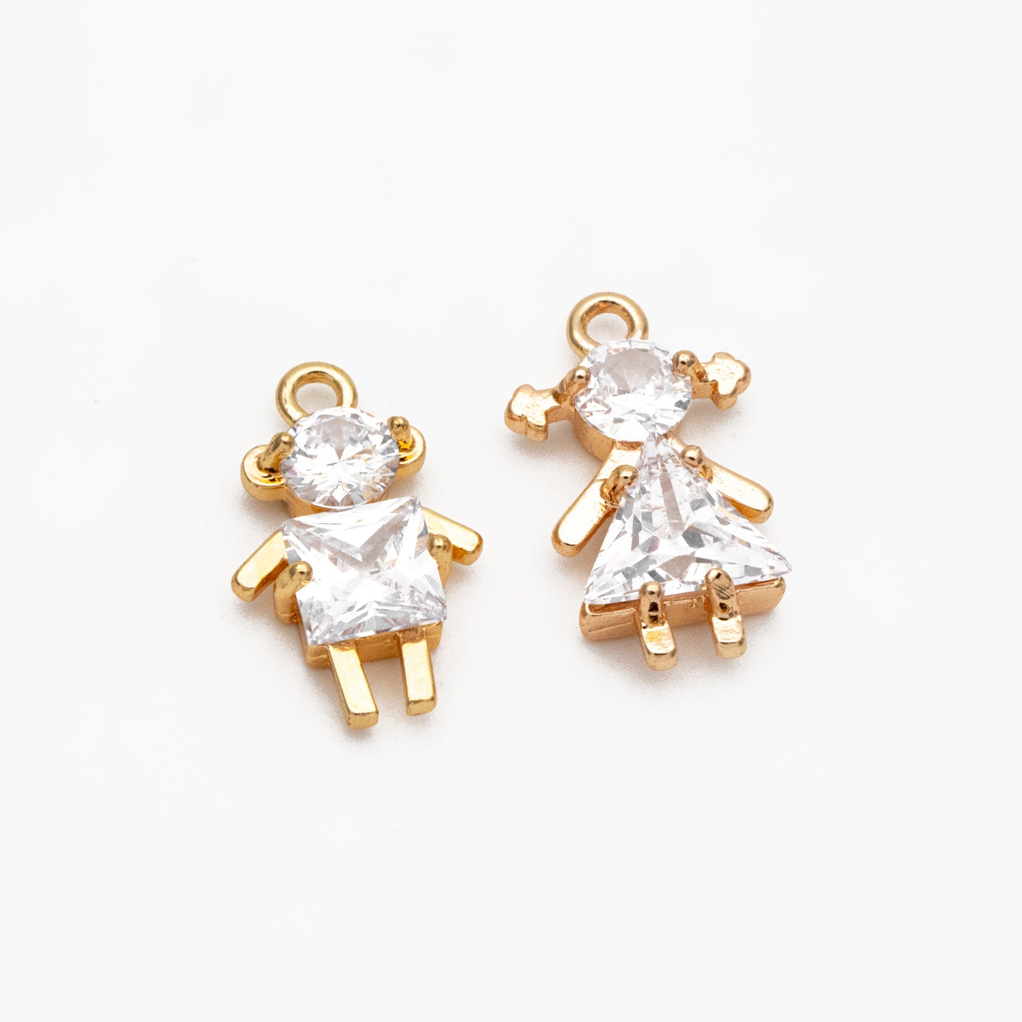 10pcs Gold Boy and Girl Charms 18mm, Gold plated Brass Cubic Zirconia Pendants (GB-172)