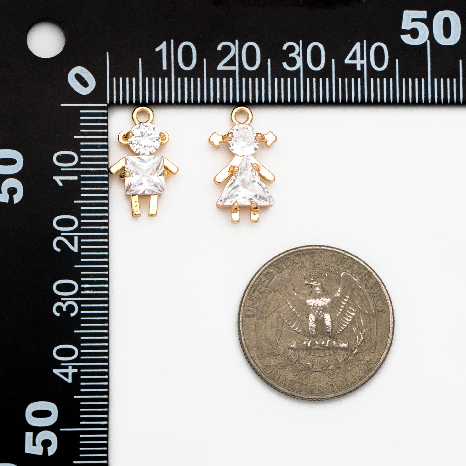 10pcs Gold Boy and Girl Charms 18mm, Gold plated Brass Cubic Zirconia Pendants (GB-172)