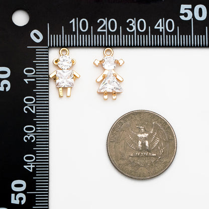 10pcs Gold Boy and Girl Charms 18mm, Gold plated Brass Cubic Zirconia Pendants (GB-172)