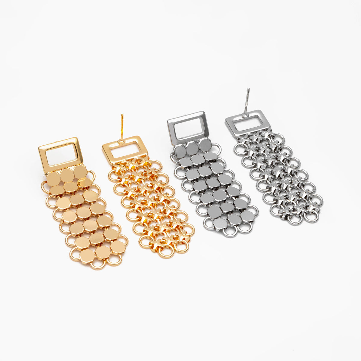 4pcs Gold/ Silver tone Mesh Drop Earrings, 18K Gold/ Rhodium plated Brass, Rectangle Dangle Earrings (GB-4294)