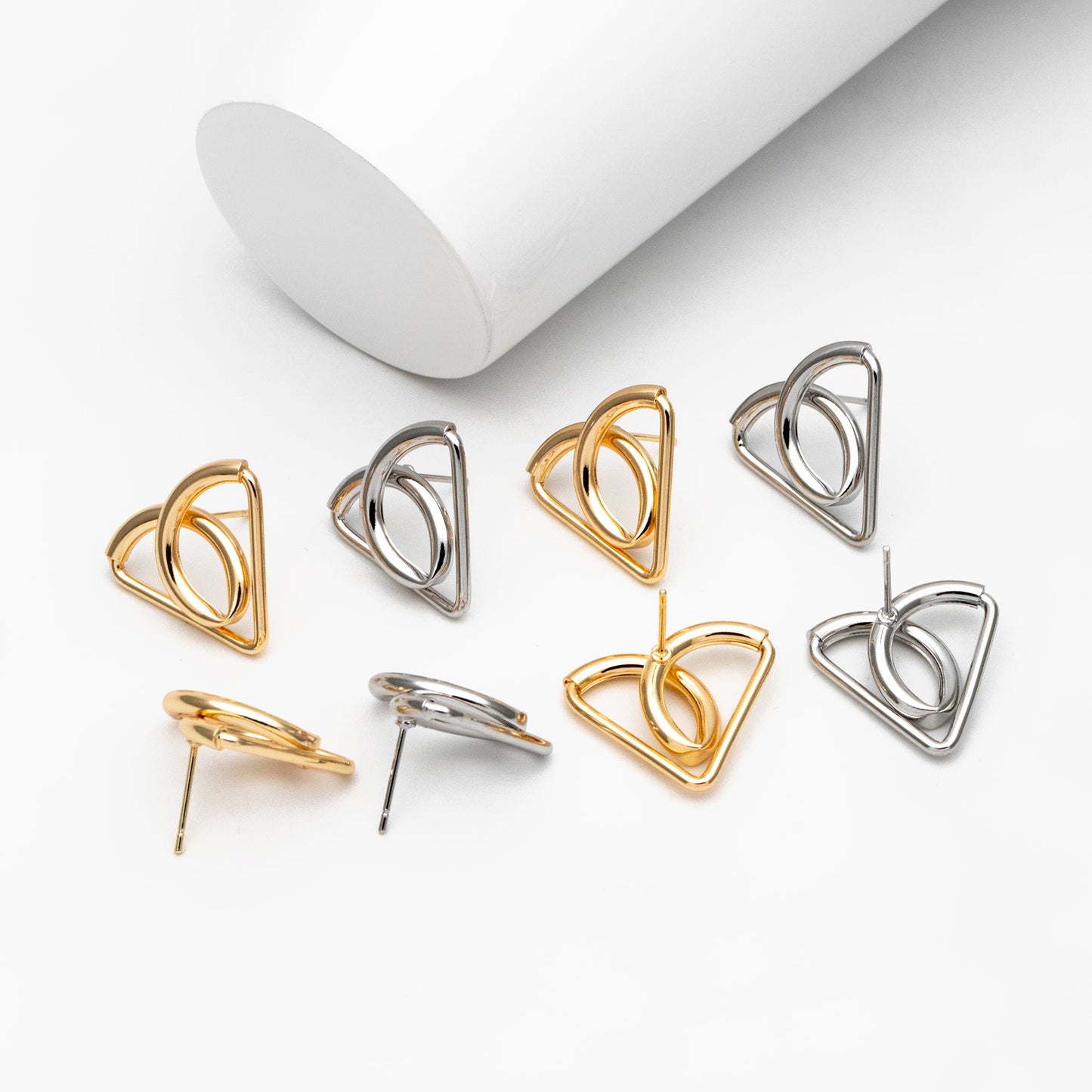 4pcs Gold/ Silver tone Triangle Earrings, Real Gold/ Rhodium plated Brass, Geometric Earring Studs (GB-4298)