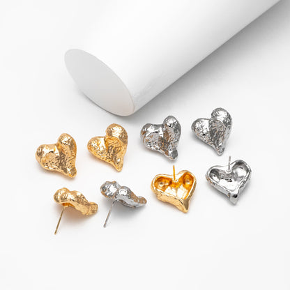 4pcs Gold/ Silver Hammered Heart Earrings, Real Gold/ Rhodium plated Brass, Geometric Earring Studs (GB-4307)