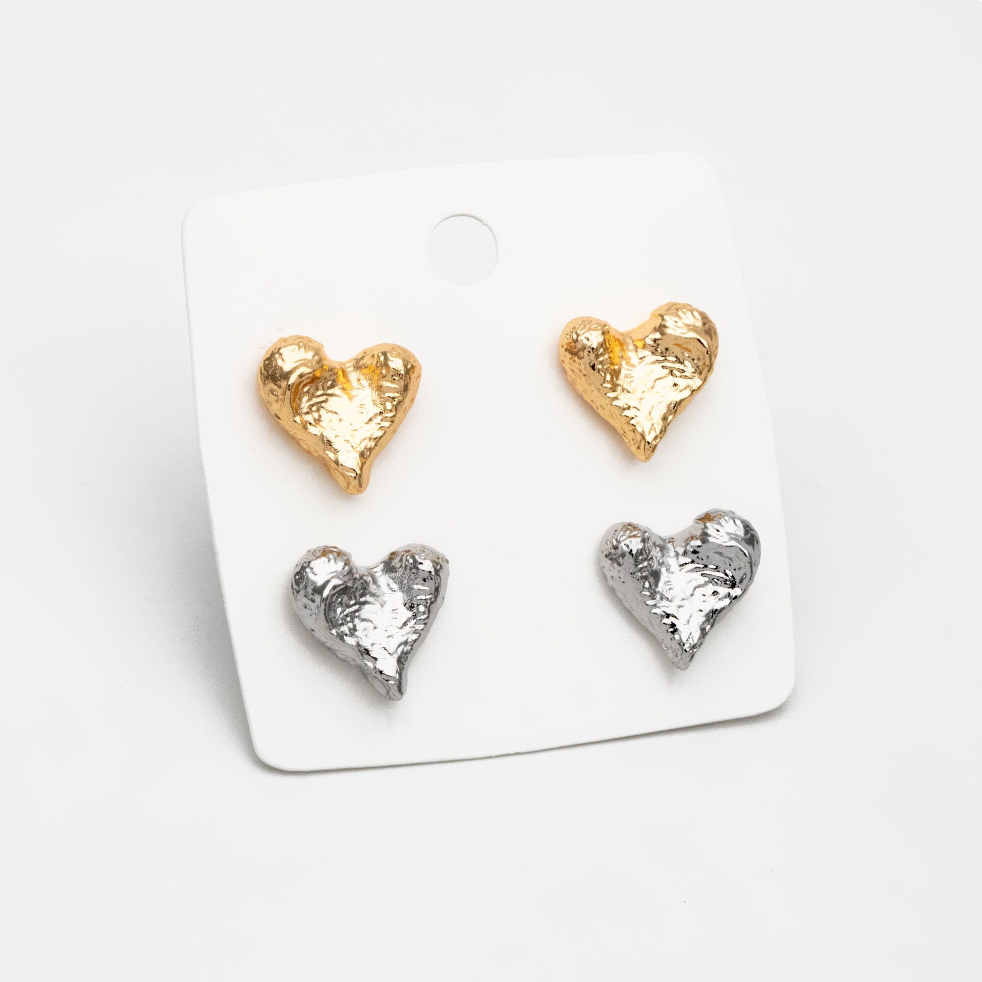 4pcs Gold/ Silver Hammered Heart Earrings, Real Gold/ Rhodium plated Brass, Geometric Earring Studs (GB-4307)