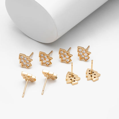 10pcs CZ pave Gold/ Silver Tree Earrings, 18K Gold/ Rhodium Plated Brass, MInimalist Christmas Stud Earrings (#GB-139-E)