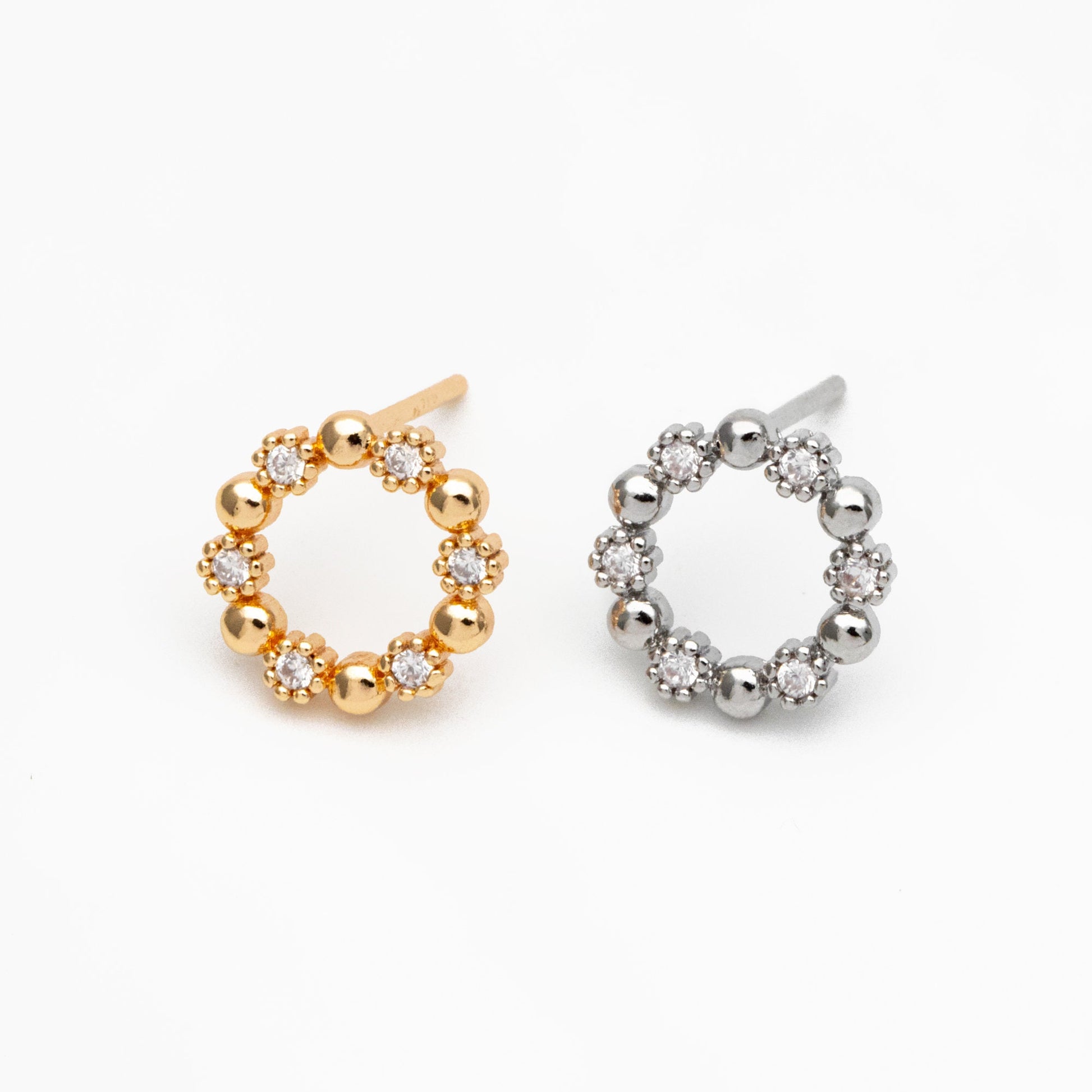 10pcs CZ Pave Gold/ Silver Round Circle Stud Earrings, Gold/ Rhodium plated Brass, 10mm Hoop Stud Earrings (GB-4309)