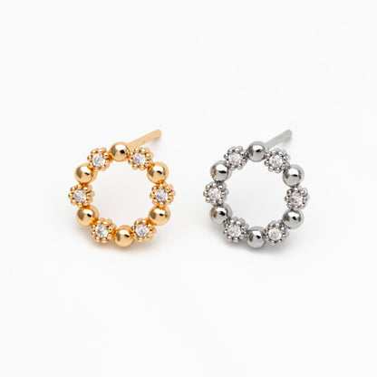 10pcs CZ Pave Gold/ Silver Round Circle Stud Earrings, Gold/ Rhodium plated Brass, 10mm Hoop Stud Earrings (GB-4309)