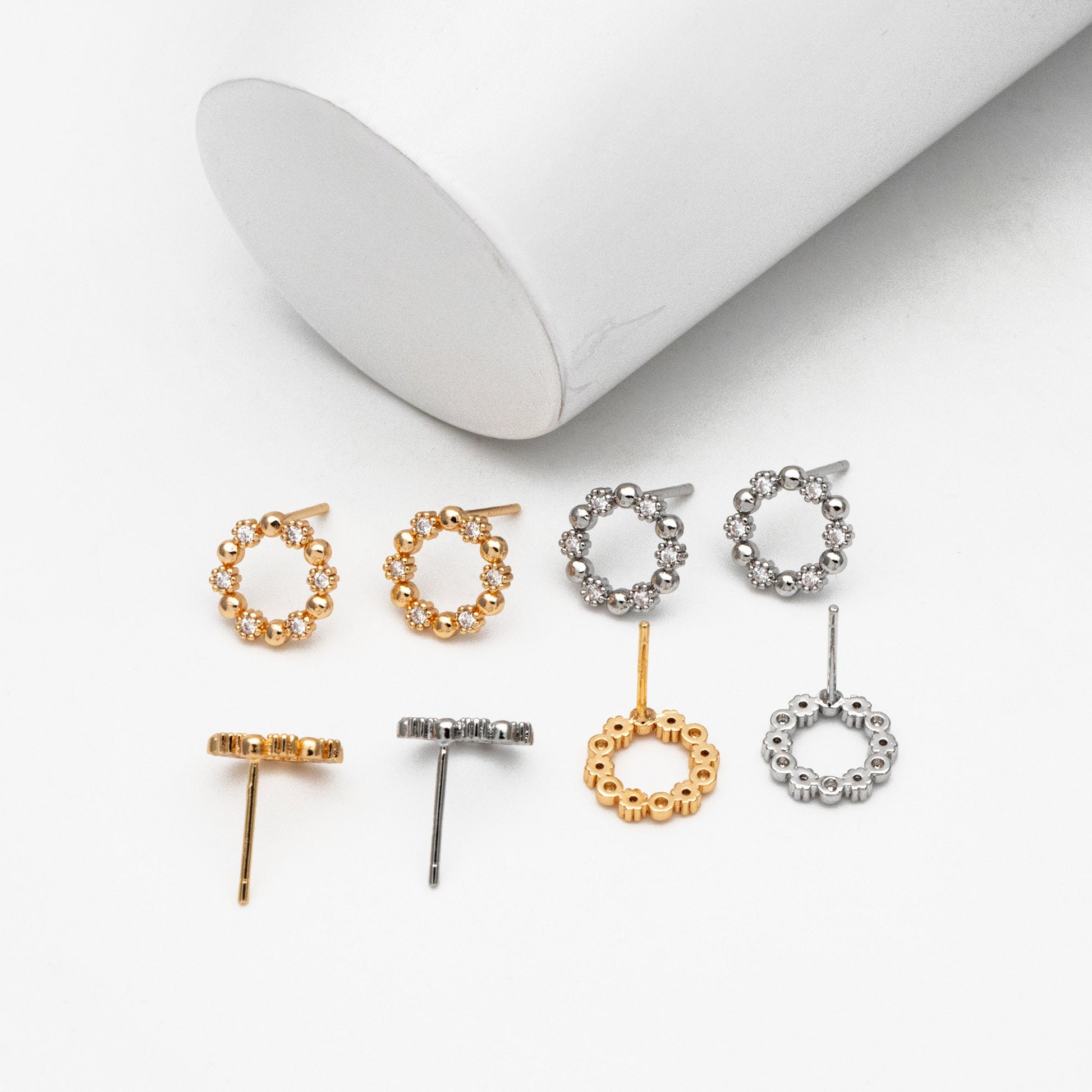 10pcs CZ Pave Gold/ Silver Round Circle Stud Earrings, Gold/ Rhodium plated Brass, 10mm Hoop Stud Earrings (GB-4309)