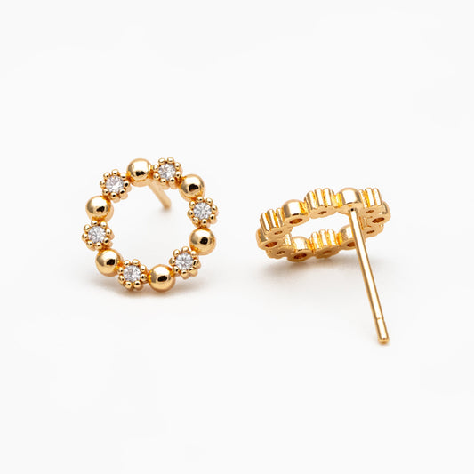 10pcs CZ Pave Gold/ Silver Round Circle Stud Earrings, Gold/ Rhodium plated Brass, 10mm Hoop Stud Earrings (GB-4309)