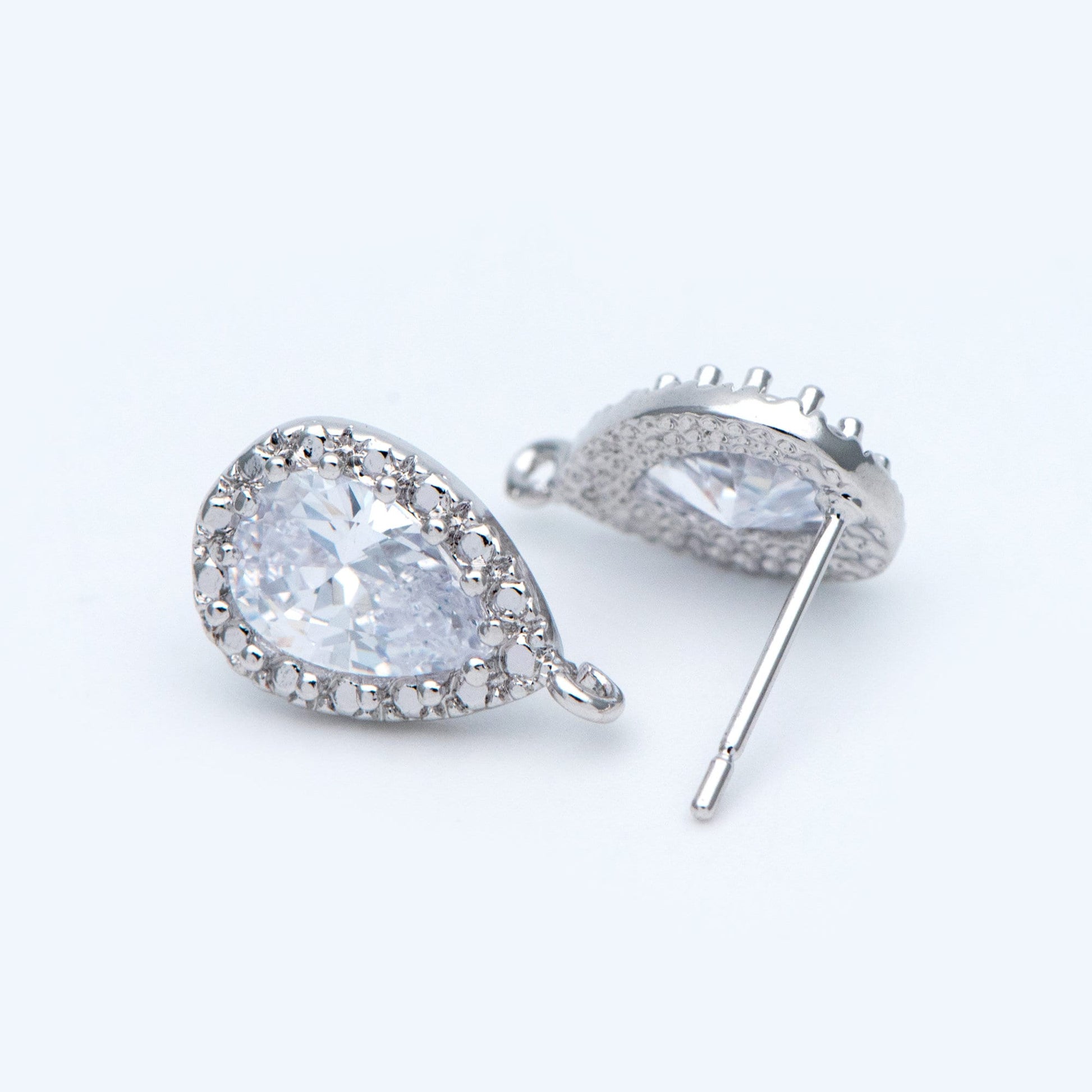 10pcs Gold/ Silver tone Teardrop Stud Earrings with Loop, CZ Pave Ear Posts 15x9mm, Gold/ Rhodium plated Brass Earring Findings (#GB-962)