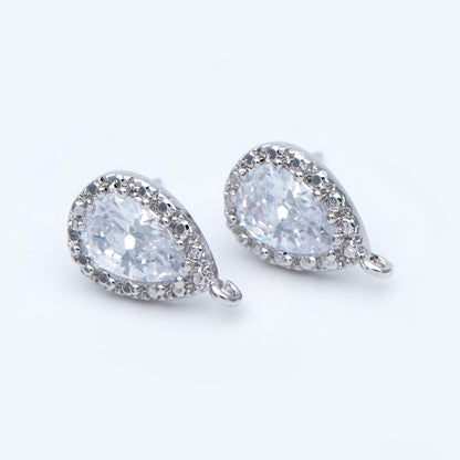 10pcs Gold/ Silver tone Teardrop Stud Earrings with Loop, CZ Pave Ear Posts 15x9mm, Gold/ Rhodium plated Brass Earring Findings (#GB-962)