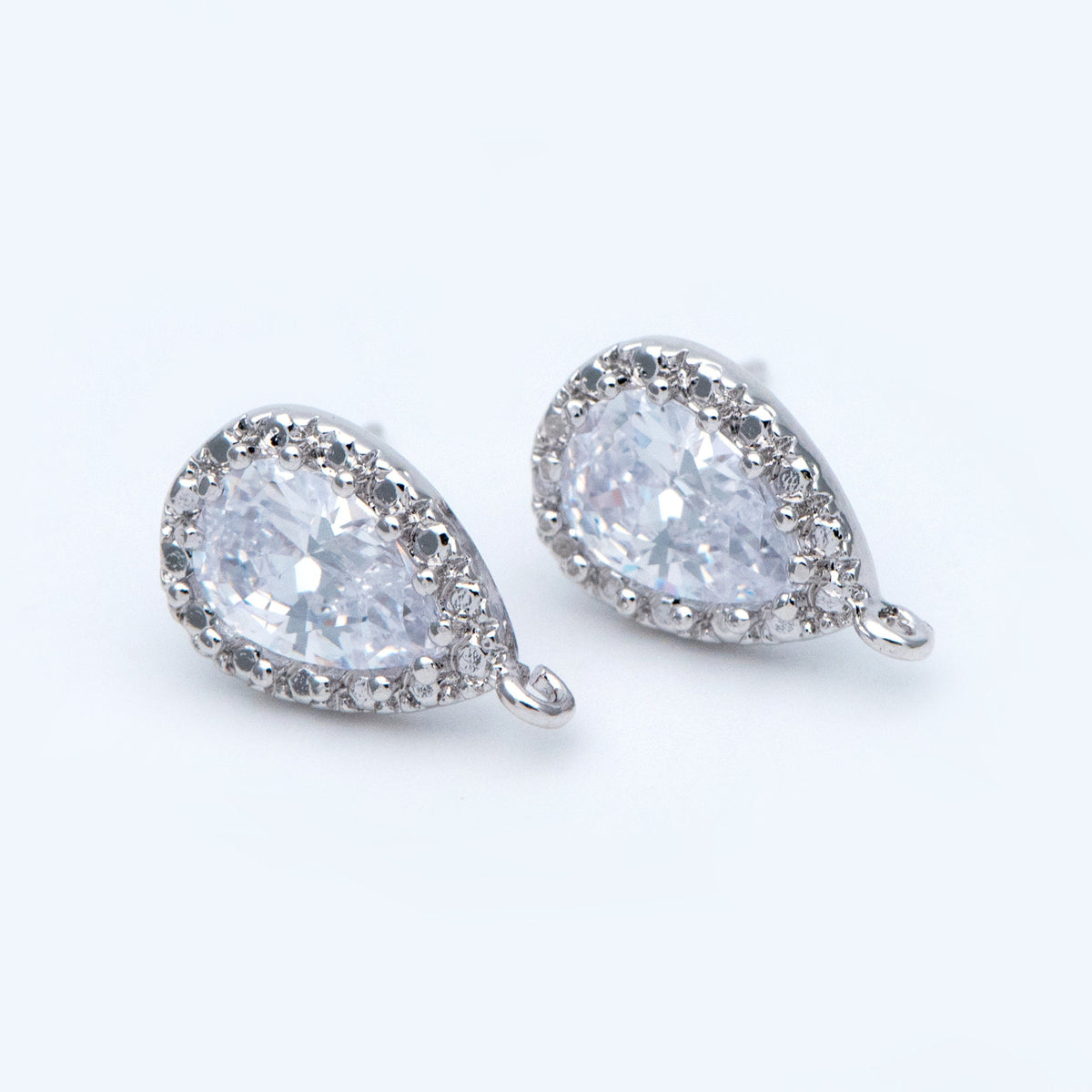 10pcs Gold/ Silver tone Teardrop Stud Earrings with Loop, CZ Pave Ear Posts 15x9mm, Gold/ Rhodium plated Brass Earring Findings (#GB-962)