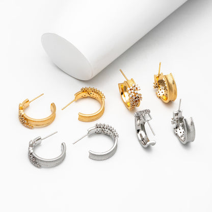 4pcs CZ Pave Gold/ Silver Round Circle Earrings, Gold/ Rhodium plated Brass, Geometric Hoop Stud Earrings (GB-4316)