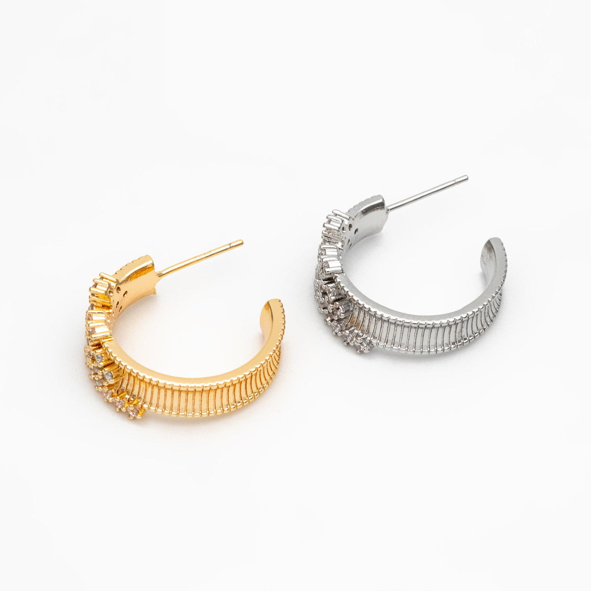 4pcs CZ Pave Gold/ Silver Round Circle Earrings, Gold/ Rhodium plated Brass, Geometric Hoop Stud Earrings (GB-4316)