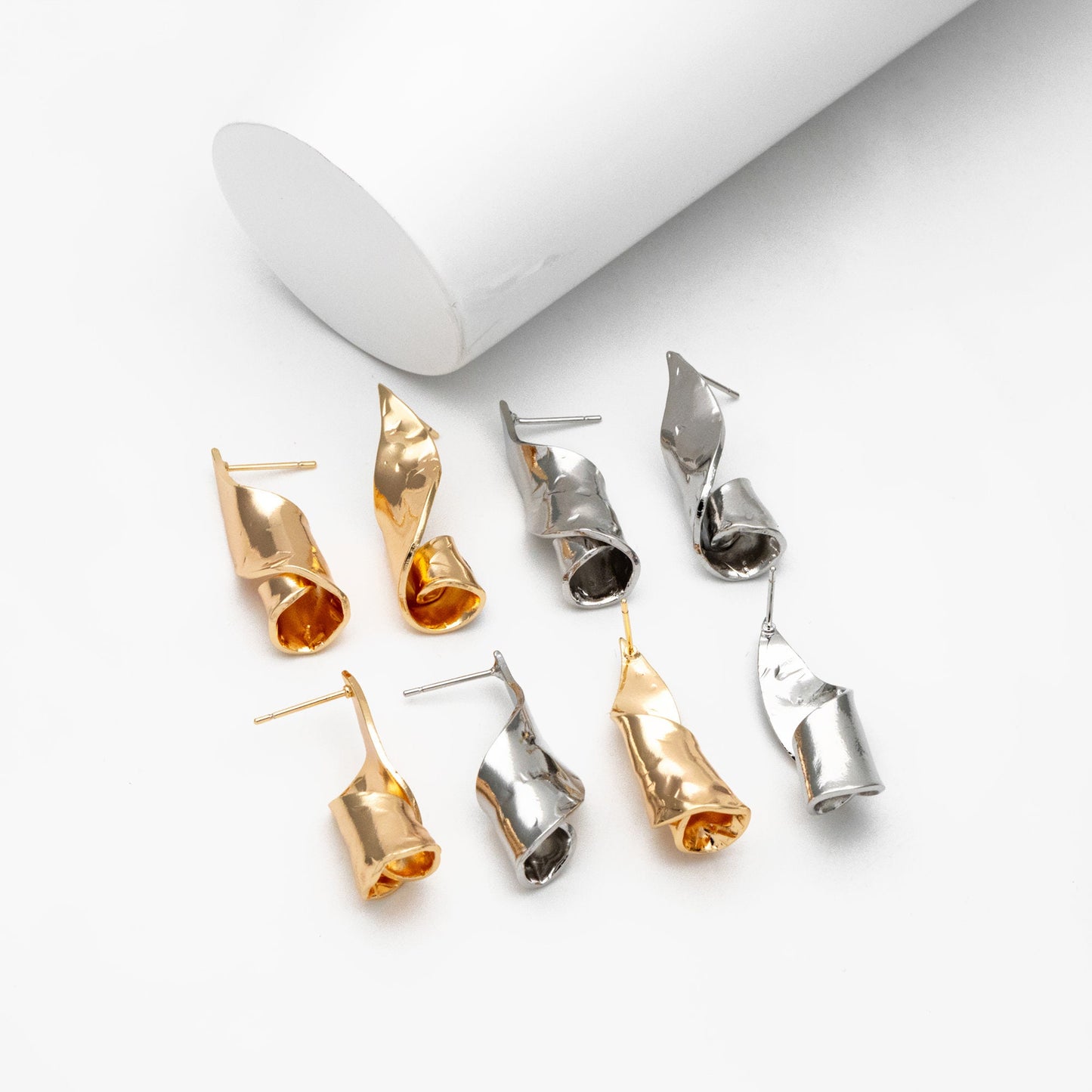 4pcs Gold/ Silver Curly Stud Earrings, 18K Gold/ Rhodium plated Brass, Unique Earrings (GB-4312)